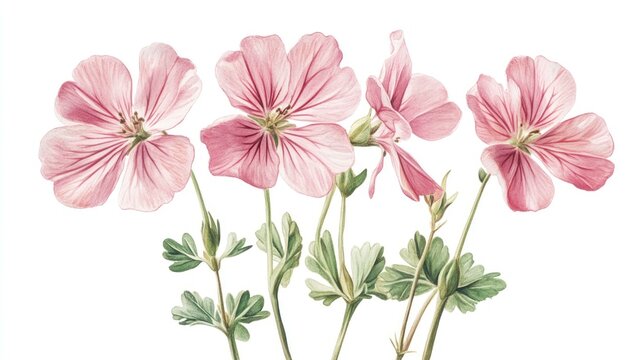 Vintage illustration of geranium flowers, in a pastel color tone, isolated on a white background.