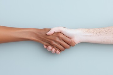 Two hands of different skin tones meet in a handshake, symbolizing cooperation, unity, and mutual respect. This moment reflects dialogue and friendship.