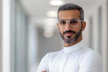 A well-groomed man with a beard stands confidently in a contemporary office hallway. He wears glasses and a formal white outfit, suggesting professionalism.