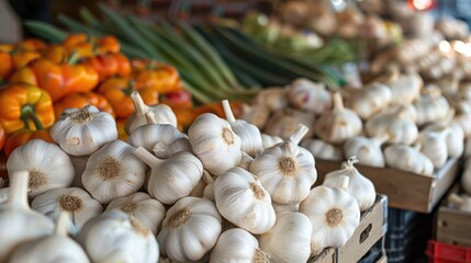 Abundance of fresh garlic bulbs in a market stall display.