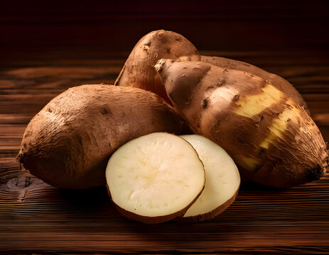 Brown tubers, some sliced to reveal white flesh, rest on a dark wood surface