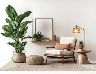 Cozy Scandinavian living room with a white wall, an armchair, and a shelf, wooden flooring, a gold lamp, and a green plant pot to the left, white background, photorealistic