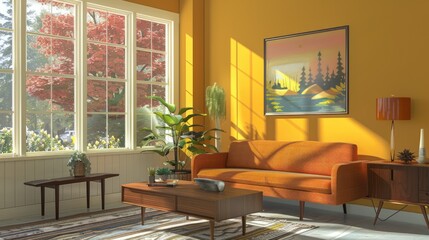 Authentic mid-century living room interior with sofa, coffee table, windows, and painting