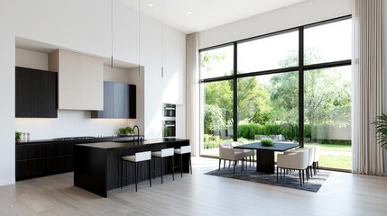 Modern kitchen and dining area with large window overlooking garden.  Ideal for real estate listings