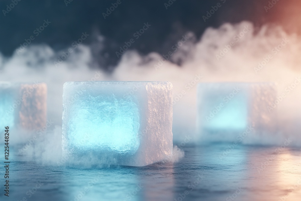 Poster glowing ice cubes rest on a wet surface, surrounded by wisps of mist. the soft light accentuates the