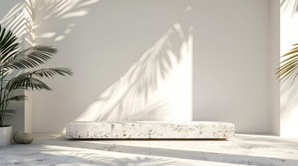 Blank white wall with palm shadows and stone podium for display. Space for decoration, product presentation, mockup.
