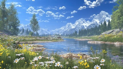 Serene Mountain River Valley Wildflower Meadow Landscape