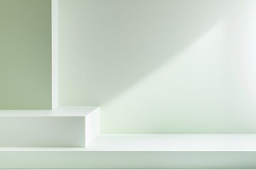 Minimalist interior design featuring soft green and white geometric shapes with natural light