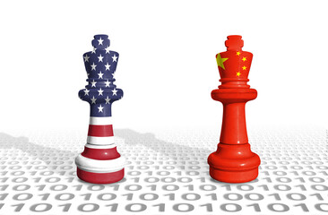 Chess made from US and China flags. China and US artificial intelligence or AI competitions