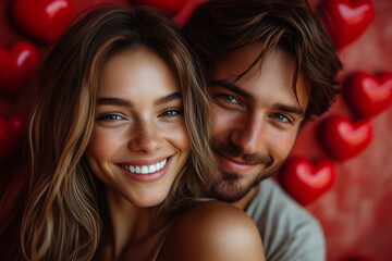 Closeup Portrait of Smiling Couple Embracing Against Red Heart B