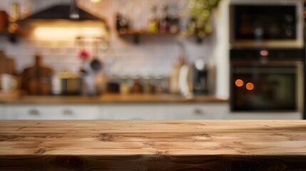 Blurred kitchen background with empty table for text
