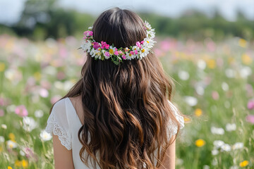 Naklejka premium Rear view of a woman wearing a vibrant floral crown, standing in a scenic meadow filled with wildflowers, evoking harmony, beauty, and the essence of spring