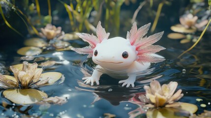 Adorable White Axolotl in a Serene Aquatic Habitat