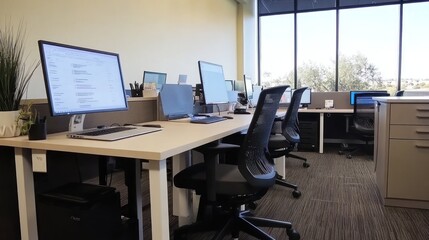 Modern Office Workspace With Computers And Ergonomic Chairs