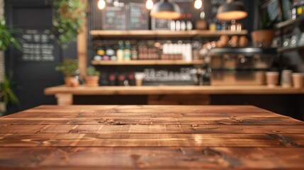 Blurry background of coffee shop with wooden table for product display in photos.