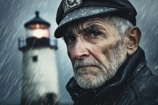 Portrait of an Elderly Lighthouse Keeper with a Glowing Lighthouse at Sunset, Generative AI