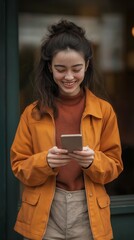 Young woman sending a message with the mobile