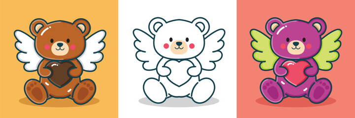 A bear with wings and hold a love-shaped chocolate for a design element sticker or coloring book