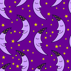 Playful Purple Moon and Starry Night Pattern