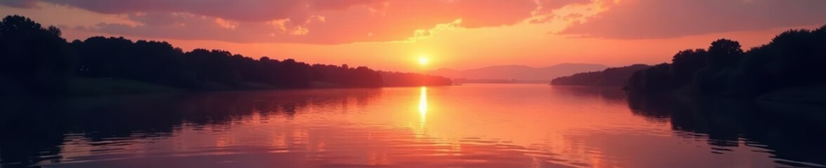 Fototapeta premium Warm light spreads across river water as sunset fades, serene, peaceful, twilight