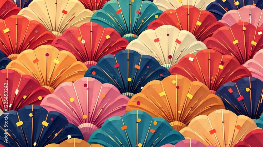 Poster A close up of a colorful array of flower shaped objects. The objects are in various colors and sizes