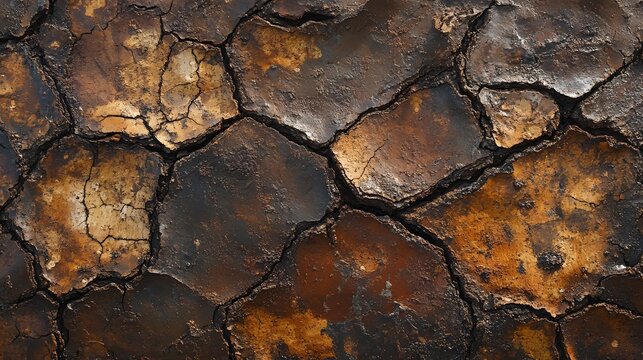 Cracked Earth Texture with Dark Brown and Yellow Tones in Detail