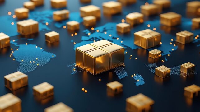 Global logistics concept with a map overlay and packages moving across continents, seamless supply chain