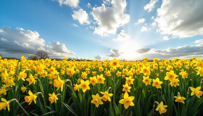 Fototapeta premium Vibrant daffodil flowers blooming under a sunny sky