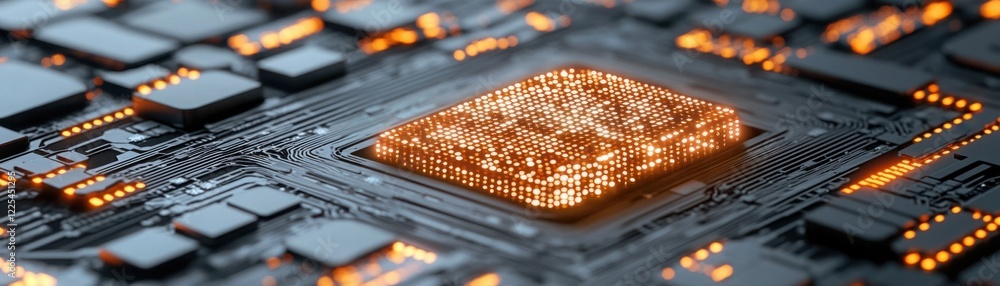 Aufkleber close-up view of a futuristic microchip with glowing connections and circuitry details for technolog