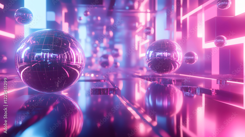 Poster floating digital spheres create a mesmerizing visual experience in a vibrant futuristic environment.