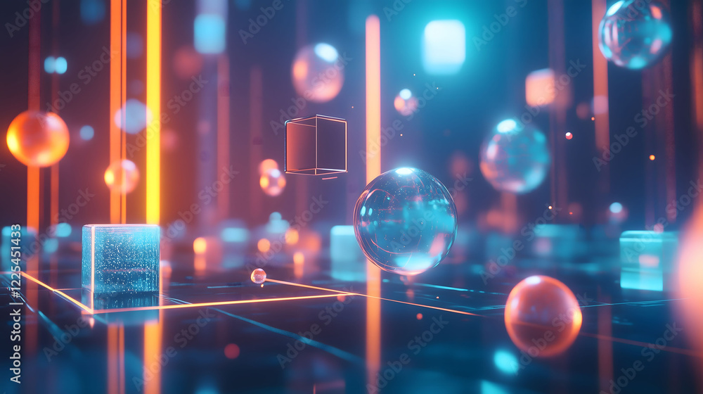 Poster digital spheres and cubes float in a vibrant abstract environment with glowing lines during a futuri