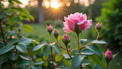 Pink rose blooming with buds against a sunset garden background