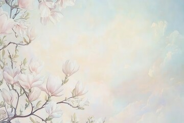 Magnolia Tree in Bloom A magnolia tree laden with delicate pink and white blossoms against a soft pastel sky