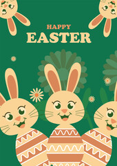 Happy Easter Bunnies:  Adorable cartoon bunnies, nestled amongst Easter eggs and spring flowers, joyfully celebrate Easter against a rich green background. A cheerful Easter greeting card design. 