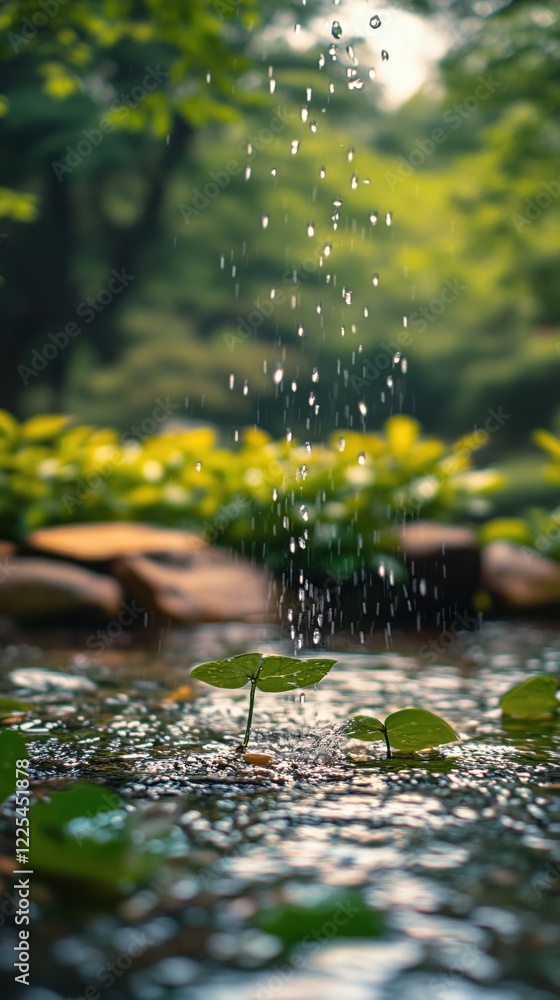 Aufkleber raindrops falling on green leaves in a shallow stream with blurred background of trees and rocks