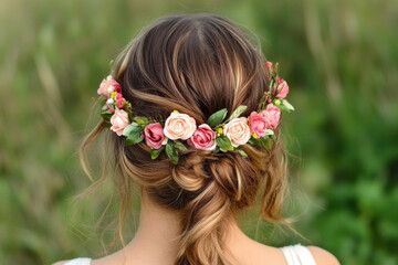 Naklejka premium Back view of a woman with a colorful flower crown in a blooming meadow, celebrating nature and springtime joy in a serene outdoor setting