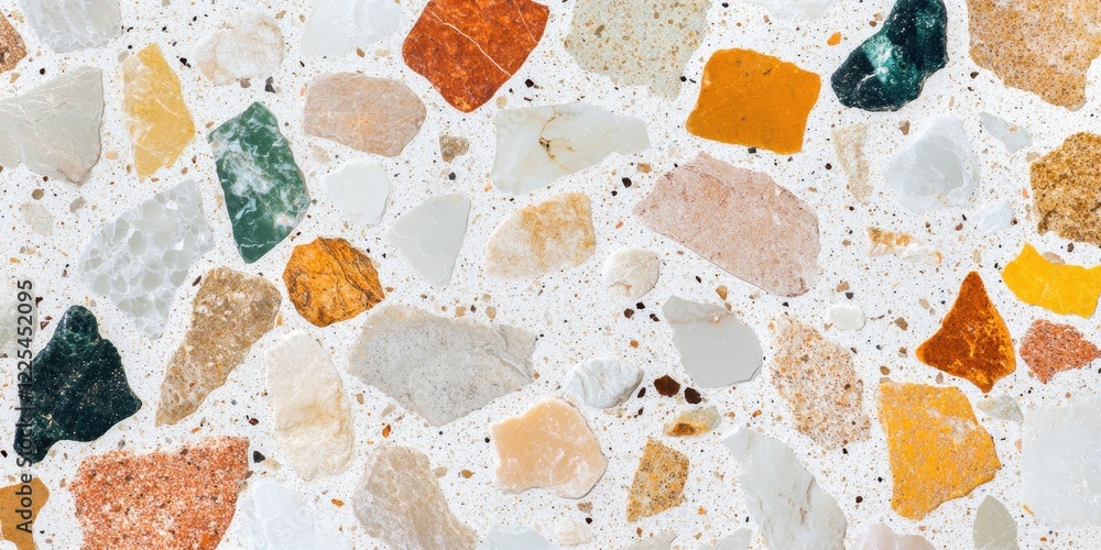 Poster colorful stone fragments embedded in a white base create a vibrant terrazzo surface.
