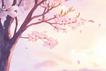 Magnolia Tree in Bloom A magnolia tree laden with delicate pink and white blossoms against a soft pastel sky