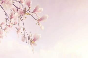 Obraz premium Magnolia Tree in Bloom A magnolia tree laden with delicate pink and white blossoms against a soft pastel sky