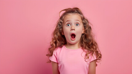 Portrait of a surprised shocked little girl 5-6 years old, with long curly hair, who opened her mouth wide in surprise and delight. Excited child on pink isolated background