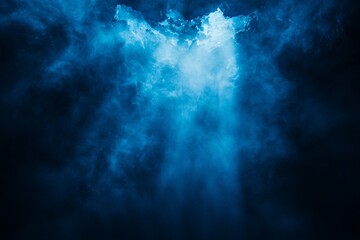 Ethereal blue light beams piercing through dark clouds, creating a mystical atmosphere above