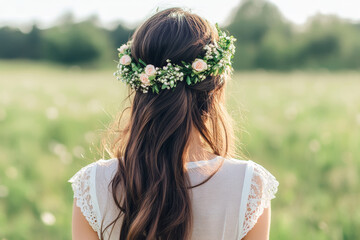 Naklejka premium Back view of a woman with a colorful flower crown in a blooming meadow, celebrating nature and springtime joy in a serene outdoor setting