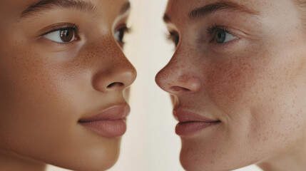 side-by-side Display two faces, one of a younger person and one of an older person with healthy, glowing skin.