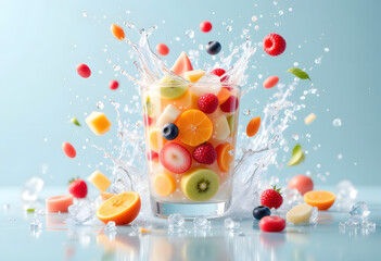 Close-up of a glass with assorted fruits on a blue background. Dynamic image with water splashes 