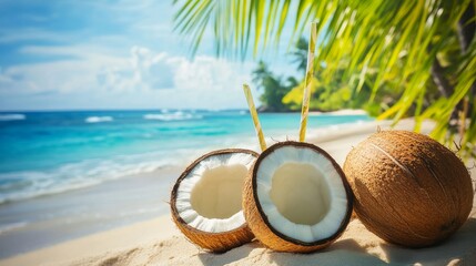 Cocktail party cartoon landing page. Smiling woman wearing summer dress holding coconut drinks stand on wooden hut bar background, exotic hawaiian resort, beach bar recreation promo, vector web banner