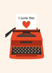 I Love You Valentine's Day greeting card. Red retro typewriter with a sheet of paper and an inscription on a light background. Valentine's day, February 14, love concept. Vector drawings for postcard.