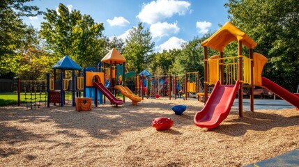 Kids playground in house or school backyard. Summer park or kindergarten yard landscape with sandbox, toys, airplane on springs and bicycle, vector cartoon illustration