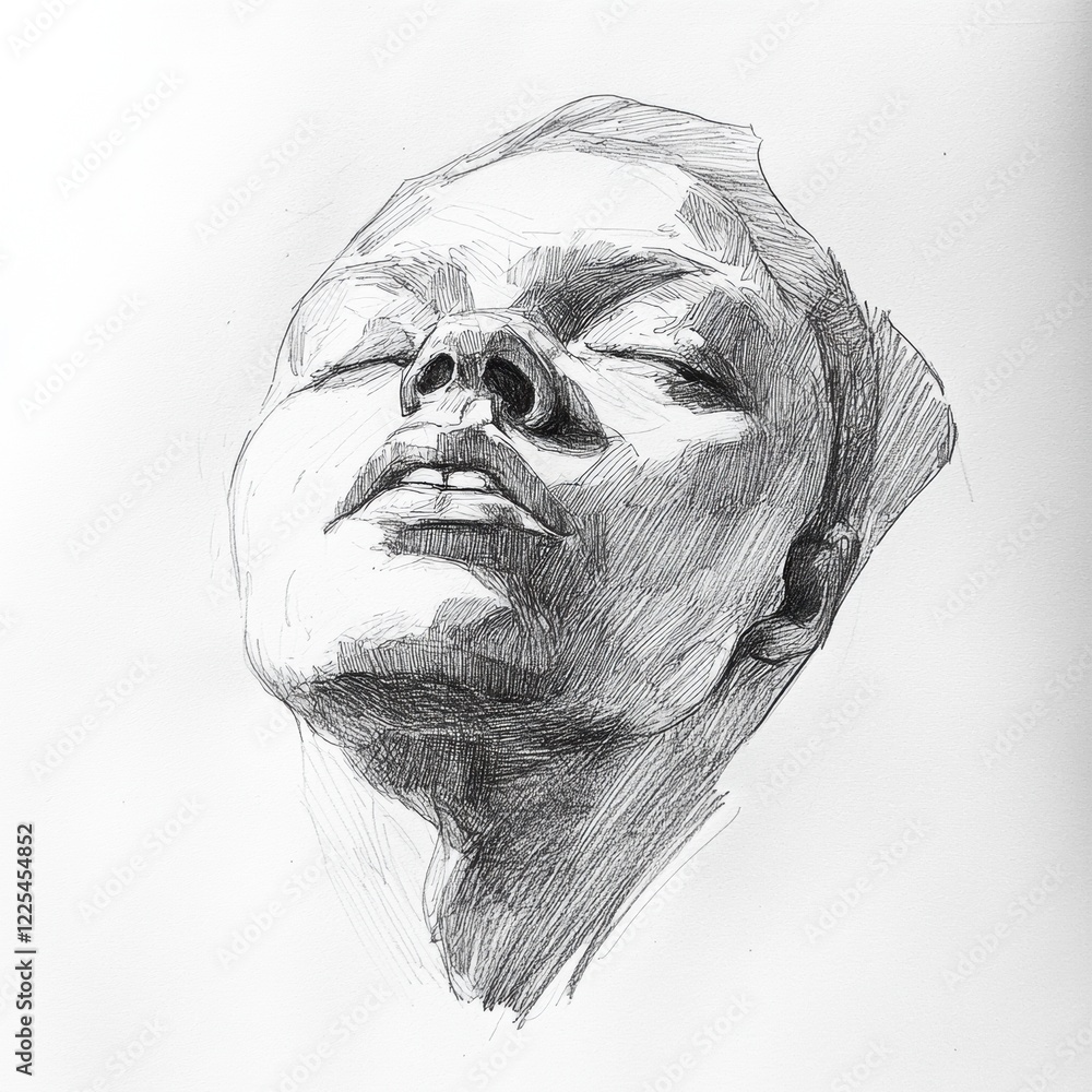 Poster captivating sketch of a serene female face with closed eyes and soft expression in a minimalist styl