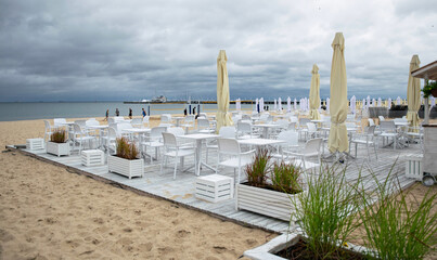 Cloudy summer morning on the Baltic Sea coast. Beach in Sopot