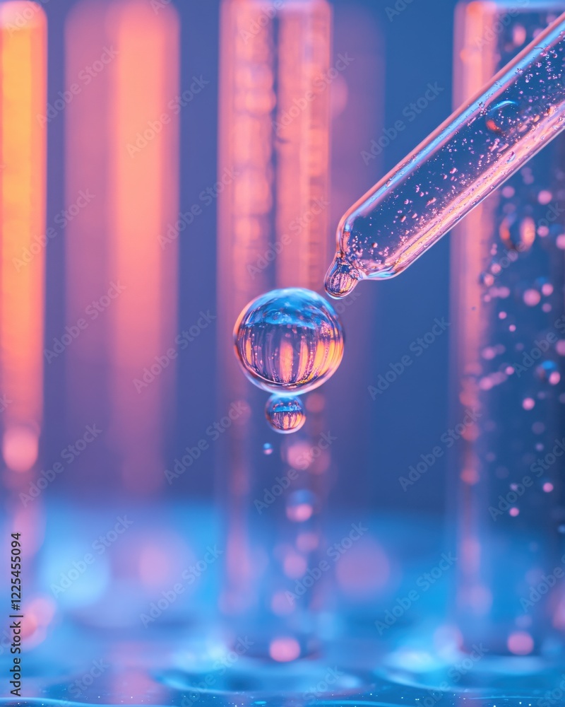 Poster liquid drop falling from pipette with test tubes in background in soft light and vibrant colors